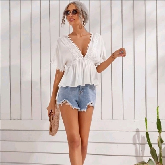 PomPom-trimmed Peplum Top - Picture 2 of 4